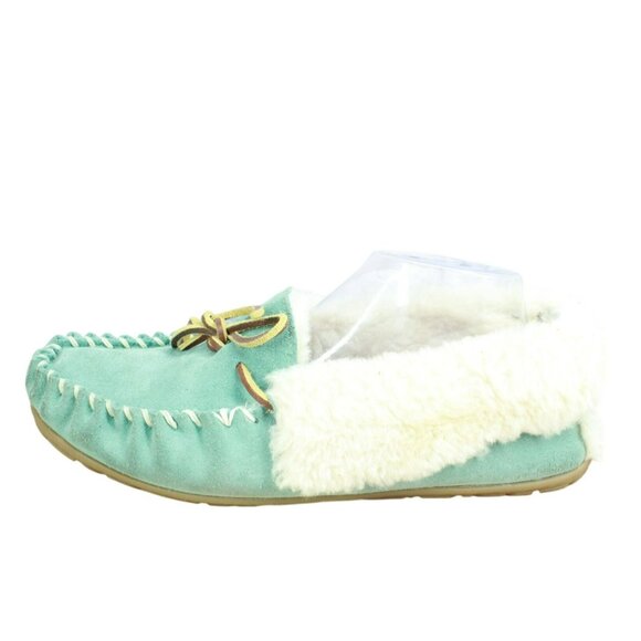 LL Bean Green Suede Wicked Good Shearling  Lined Moccasin Slippers 11 M - Picture 1 of 9